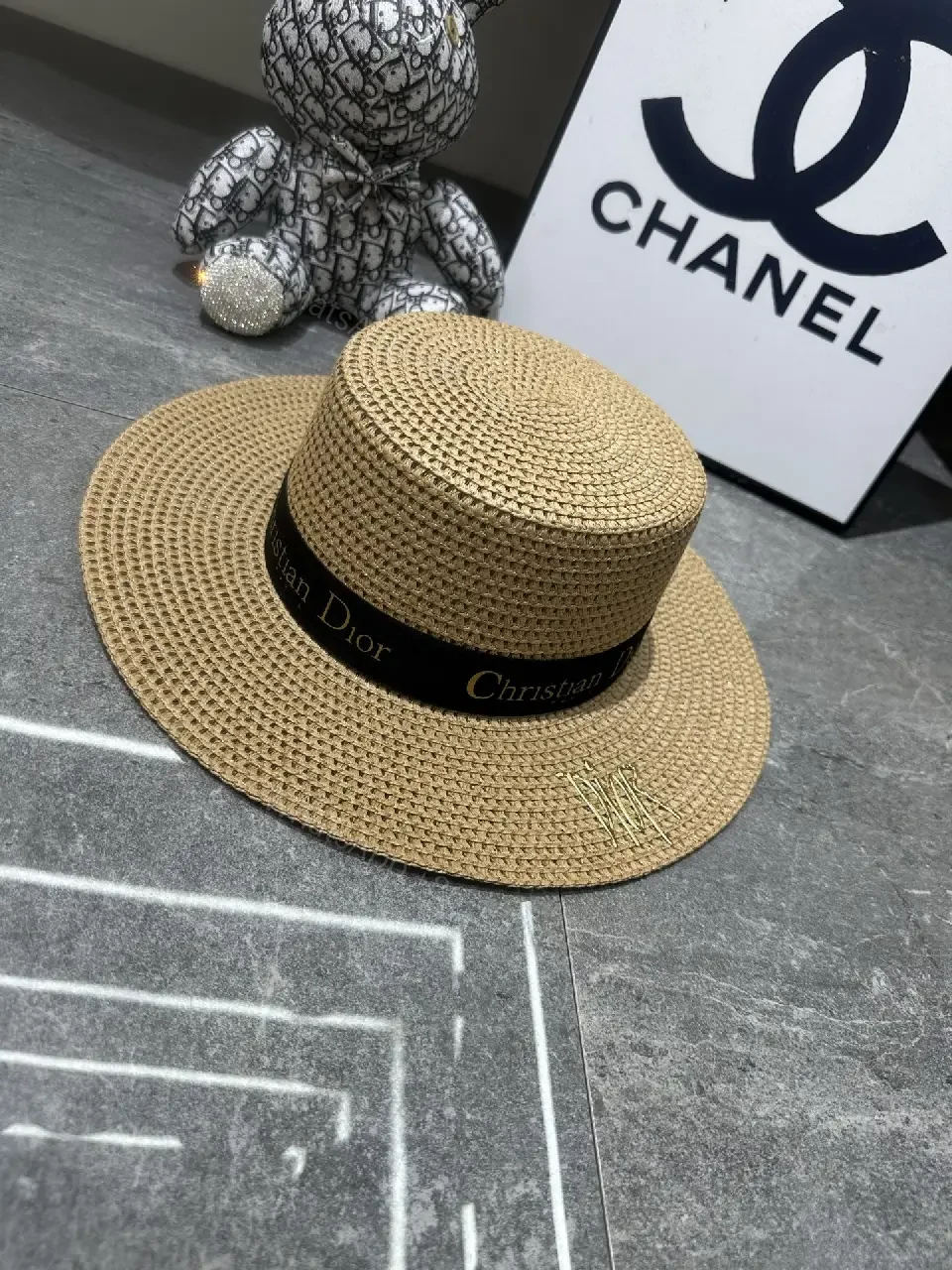 View 10 of Beige Straw Wide-Brim Hat with Dior Band (Emblem)