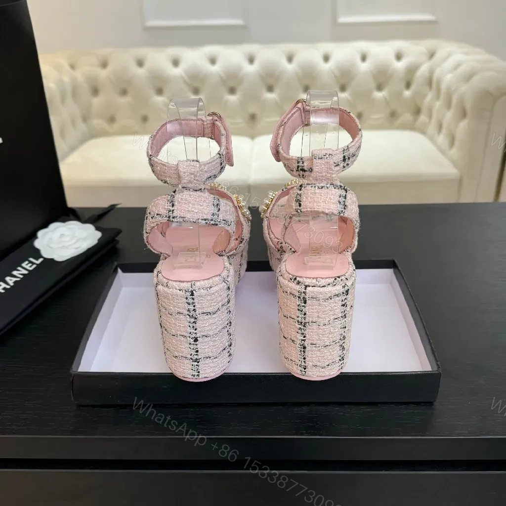 View 4 of Chanel-Inspired Pink Tweed Slingback Heels with Embellished Straps