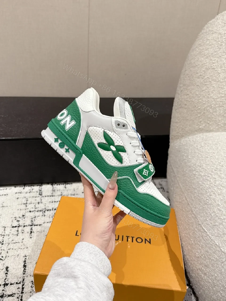 View 5 of White-Green Luxury Trainers: Textured Leather, Midfoot Strap Sneaker