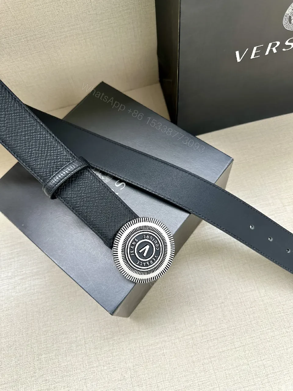 View 8 of Black Leather Belt with Gold Emblem - Premium, Textured Style