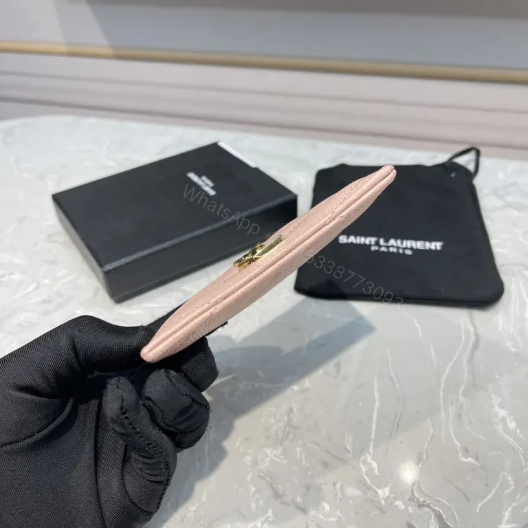 View 3 of Pink Chevron-Quilt Card Holder with YSL Logo, Calfskin Leather