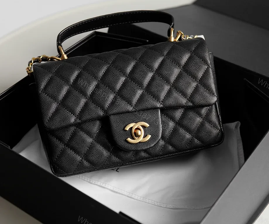 View 4 of Black Quilted Calfskin Mini Flap Bag with Gold Chain Accent (Chanel-Inspired)