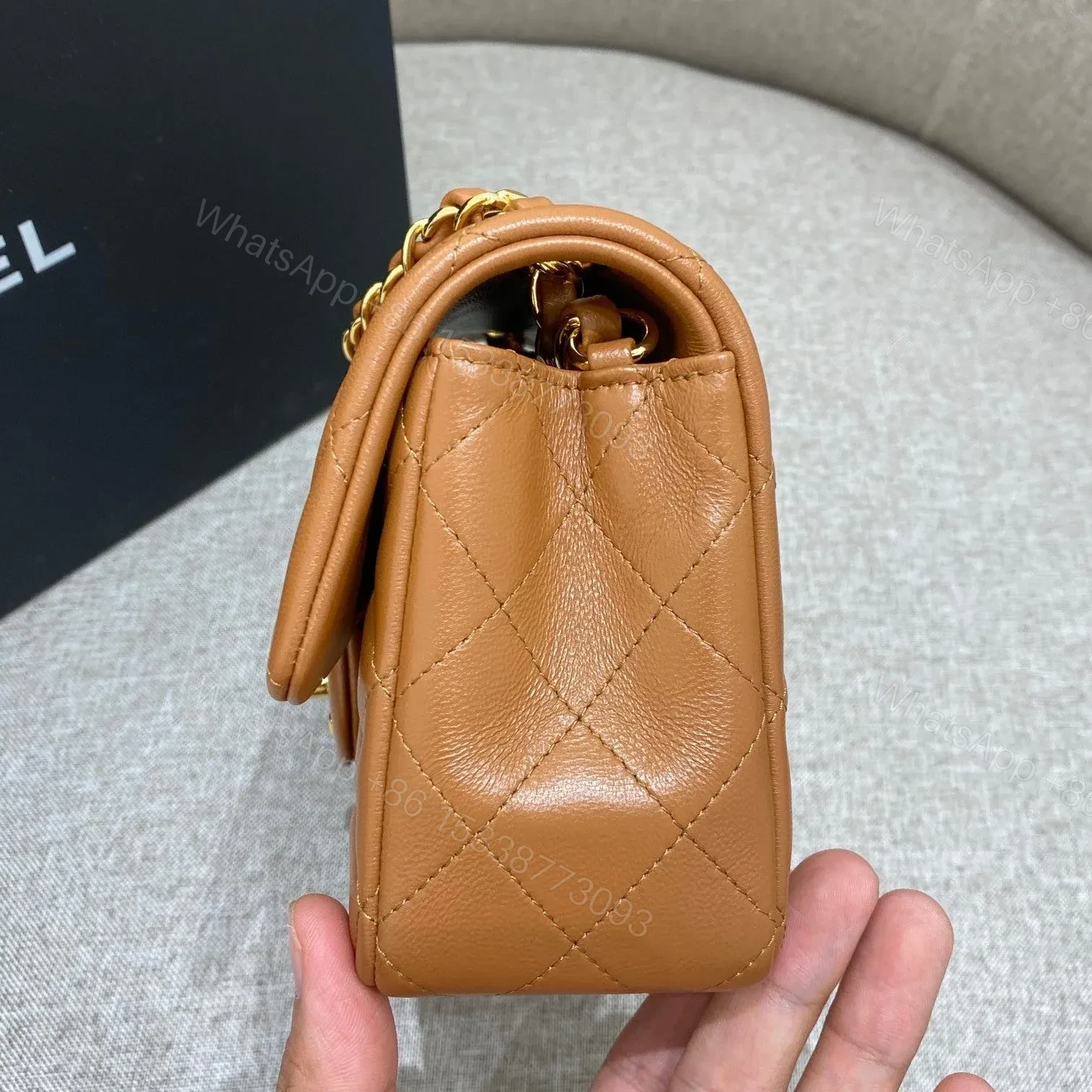 View 7 of CHANEL FLAP BAG 20CM CARAMEL LAMBSKIN GOLD HARDWARE