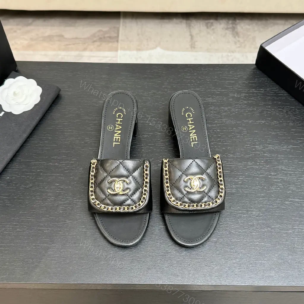 View 2 of Black Calfskin Mules with Gold Chain Link Accent - Open-Toe Block Heel