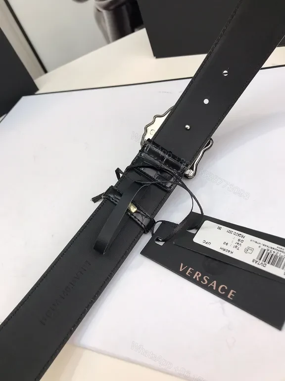 View 6 of Crocodile-Texture Leather Belt: Lion Buckle Luxury Belt