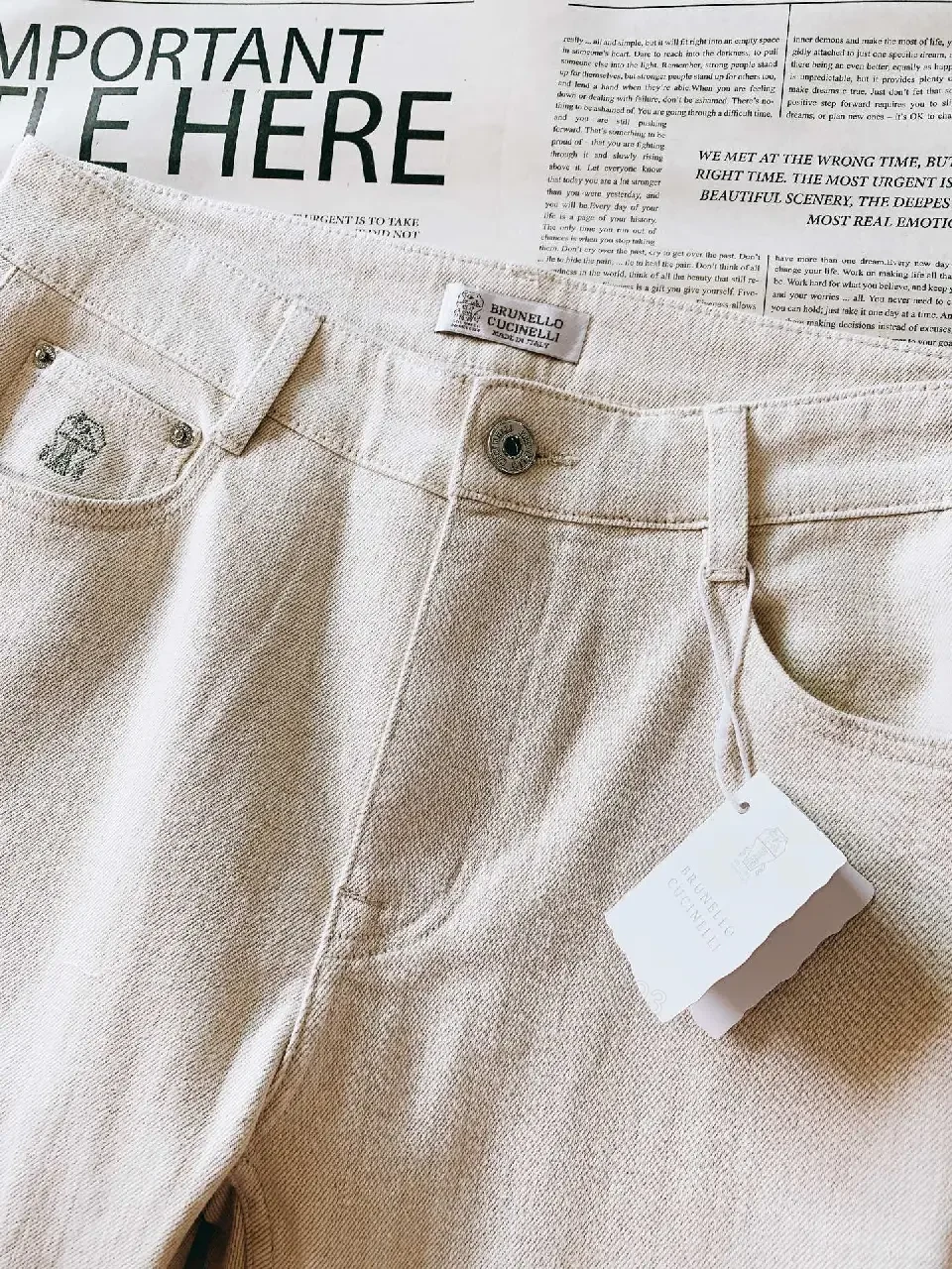 View 7 of Off-White Cream Straight-Leg Denim: Slim Tapered Pants with Five-Pocket Style
