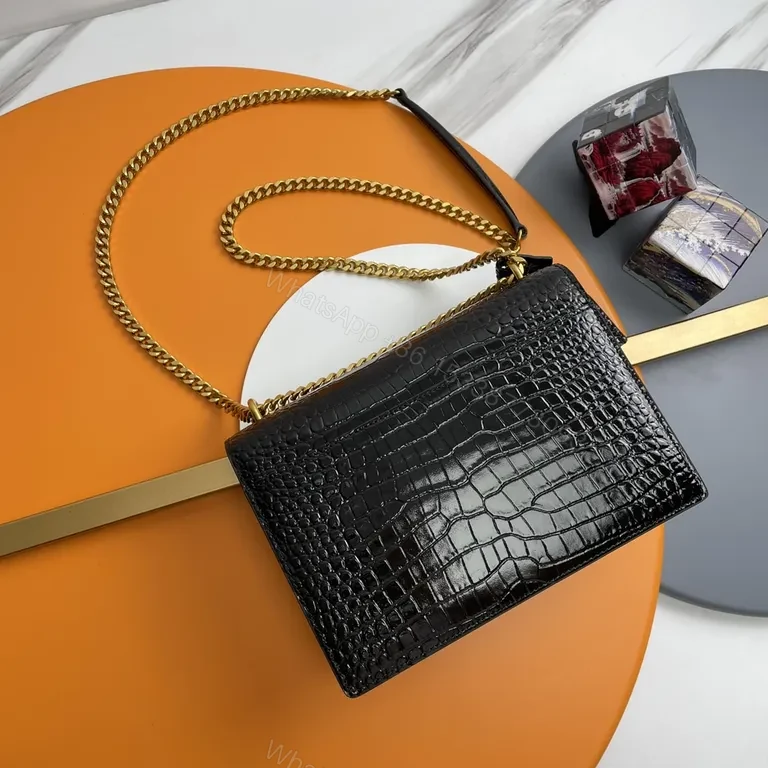 View 6 of Croc-Texture Black Leather Shoulder Bag with Gold Logo