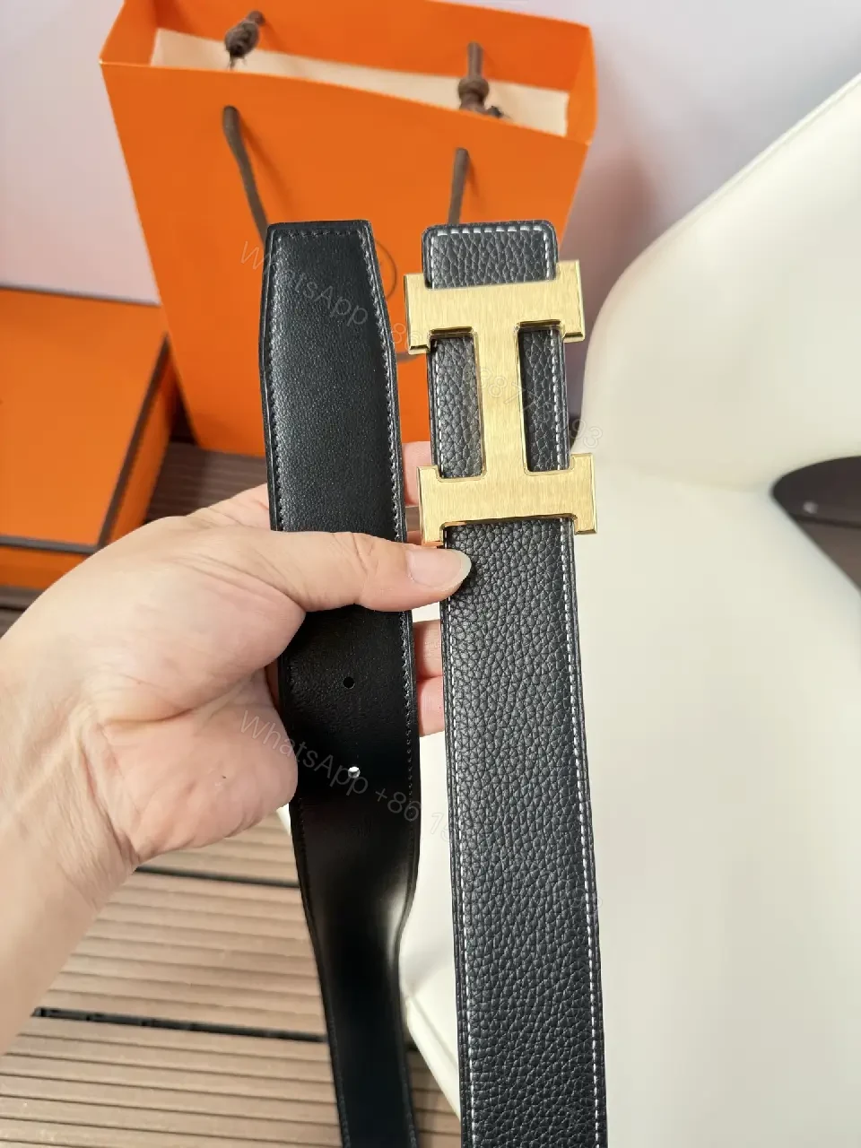 View 5 of Textured Leather Belt with Gold Buckle, Sophisticated Everyday Style