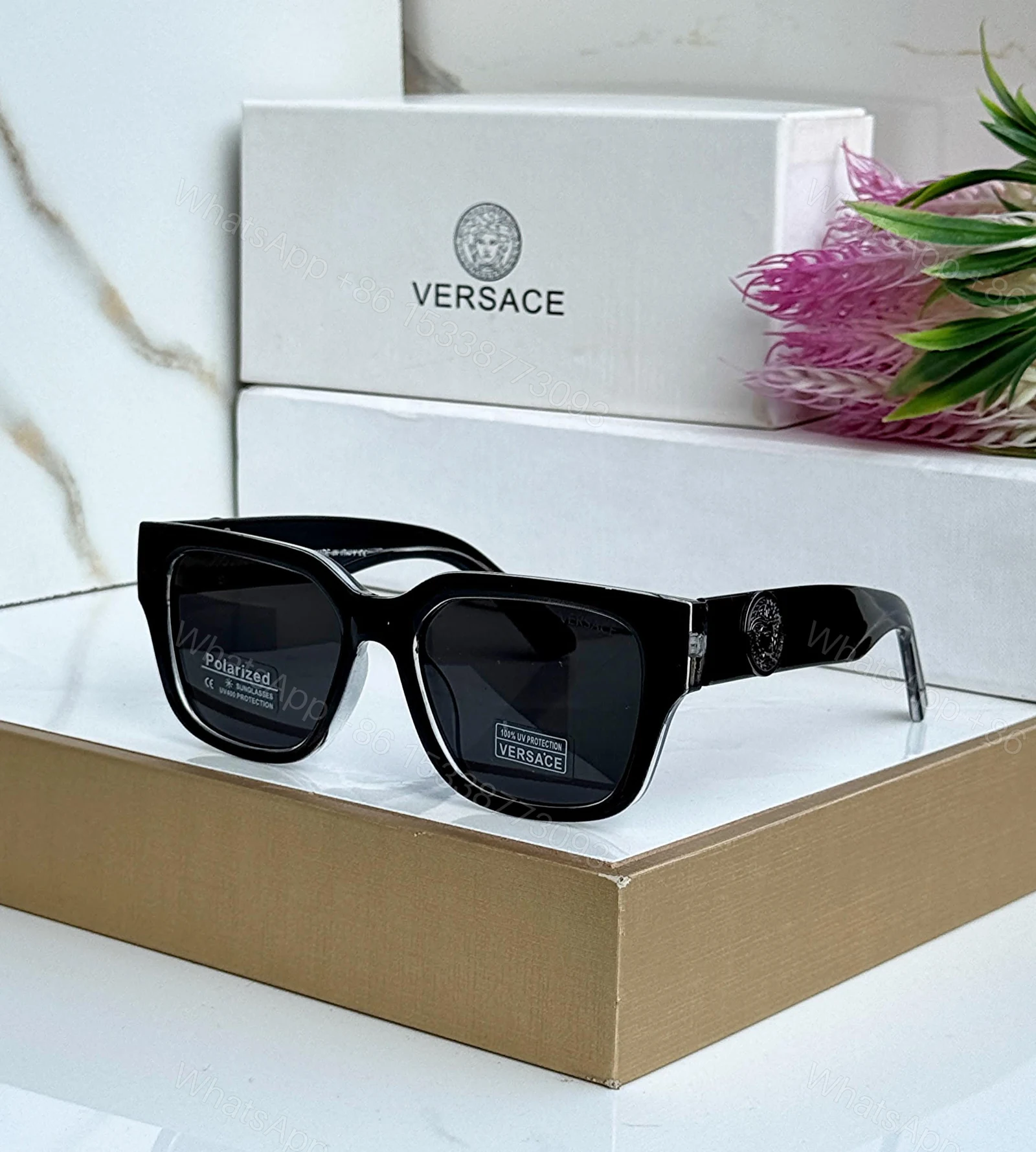 View 5 of Versace Square Polarized Black Transparent Sunglasses