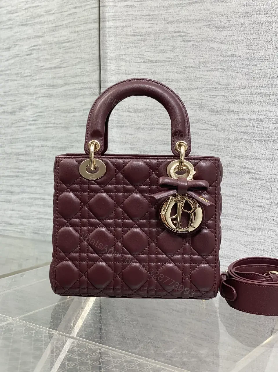 View 10 of Quilted Burgundy Handbag with Top Handles, Structured Charm