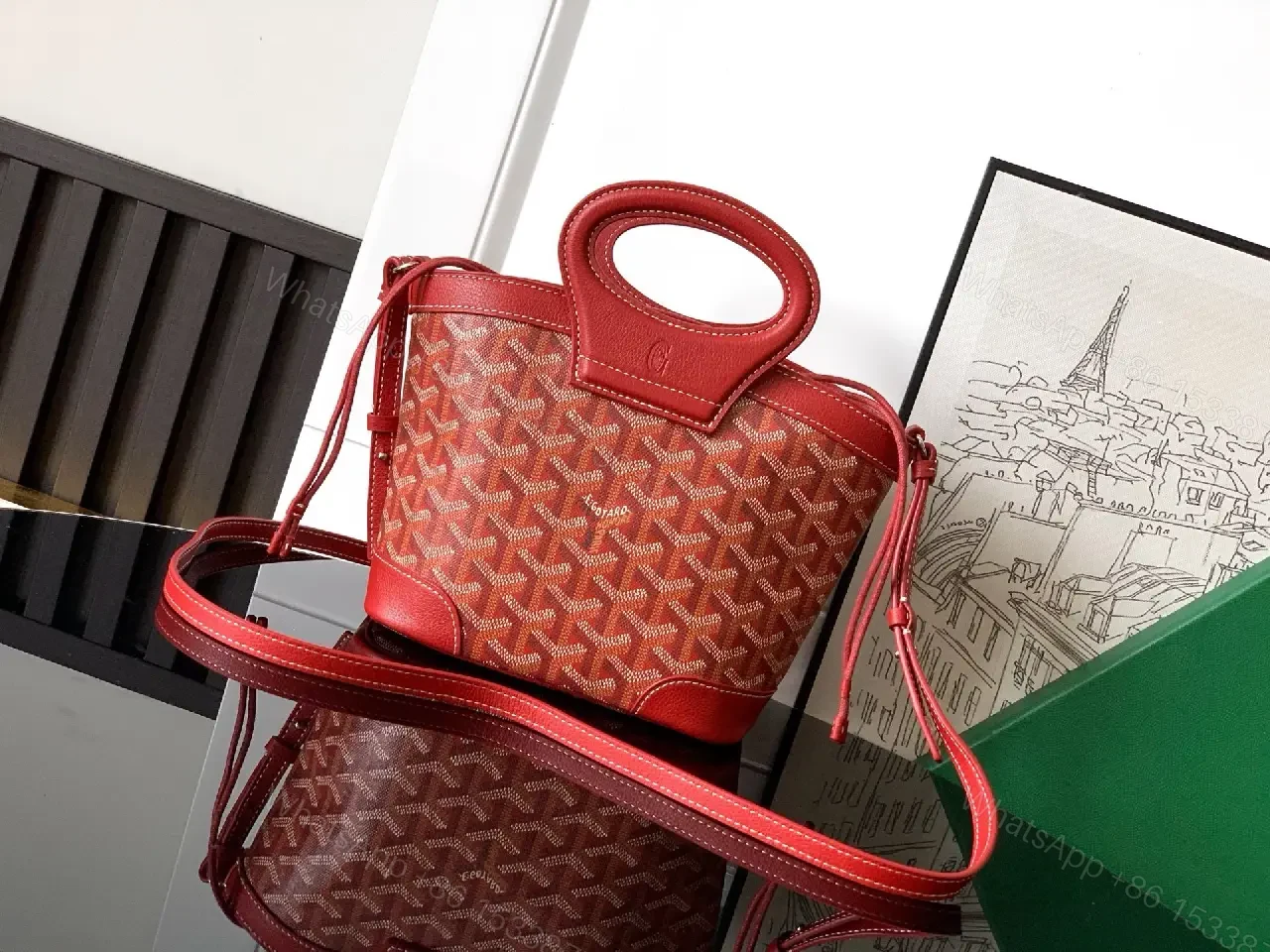 View 6 of Compact Luxury Handbag: Red Leather Trim, Iconic Pattern