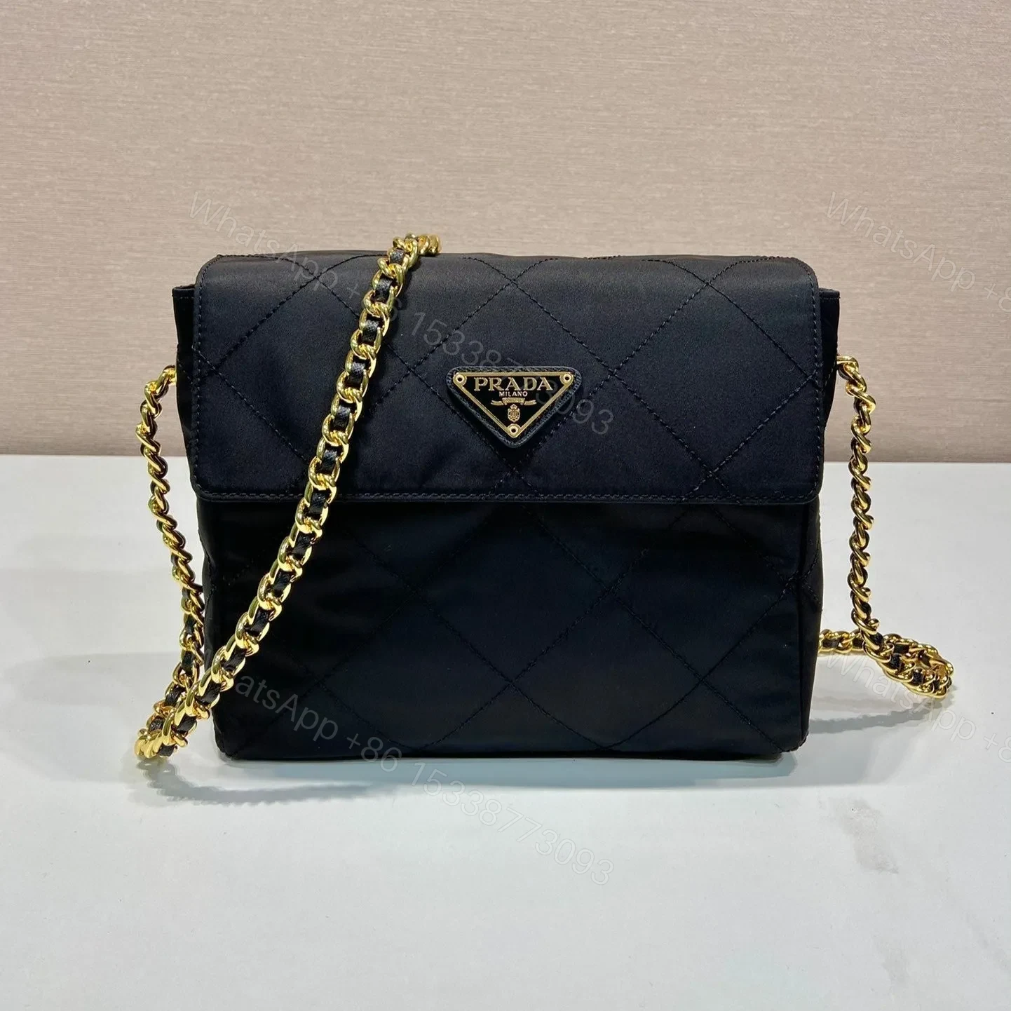 View 2 of LARGE QUILTED FLAP BAG 23 IN BLACK RE-NYLON FABRIC GOLD CHAIN