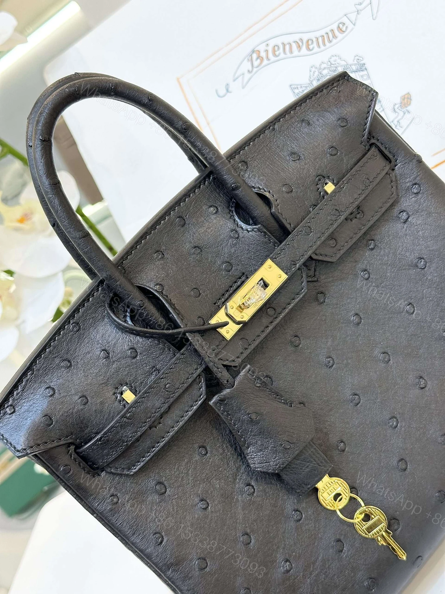 View 4 of Hermes Birkin 25 Black Ostrich Leather Gold Hardware