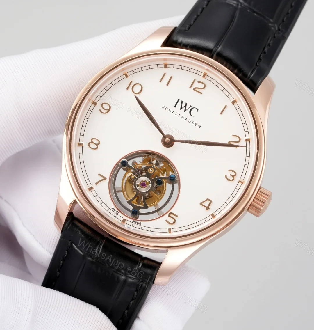View 2 of IWC Tourbillon Rose Gold Replica 42MM Premium White Dial Black Leather Strap Edition RG-IWC-TOURBILLON-RG-42