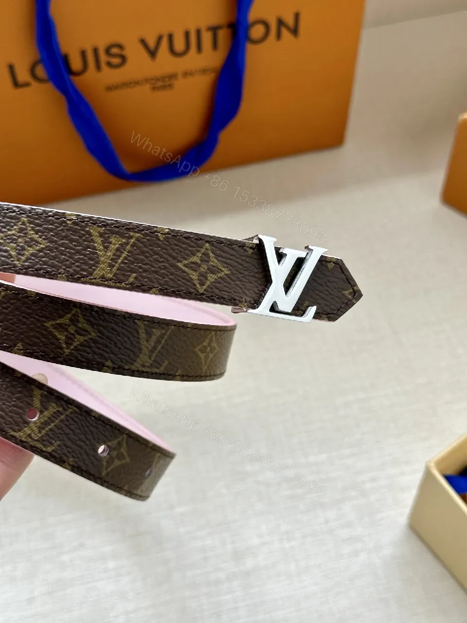 View 5 of Monogram Canvas Belt with Pink Leather Interior – Subtle Luxury