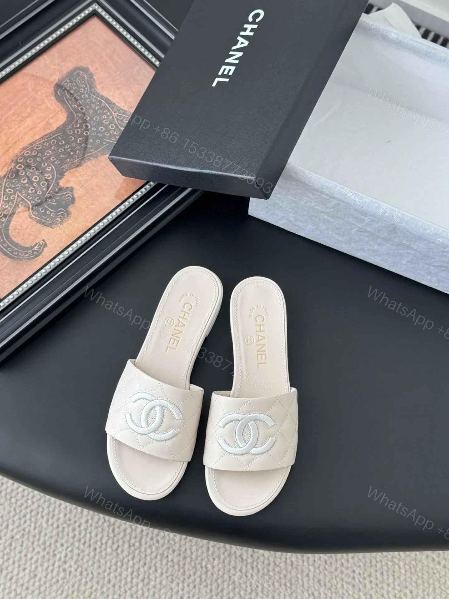 Chanel Women Cream Quilted Leather Slides — view 1