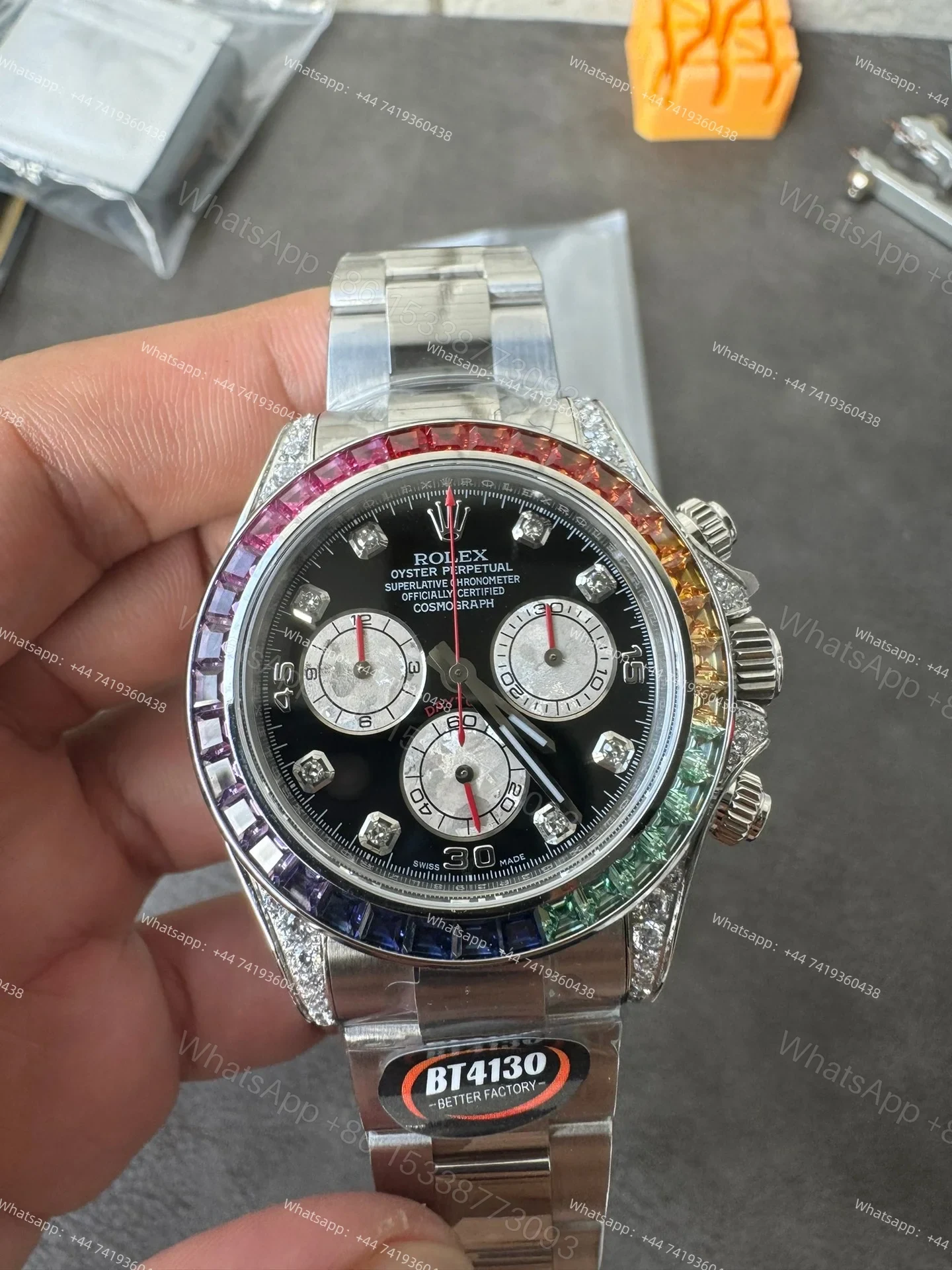 View 8 of Rolex Daytona 116599RBOW Rainbow Bezel 1:1 Replica – Black Diamond Dial Super Clone 4130