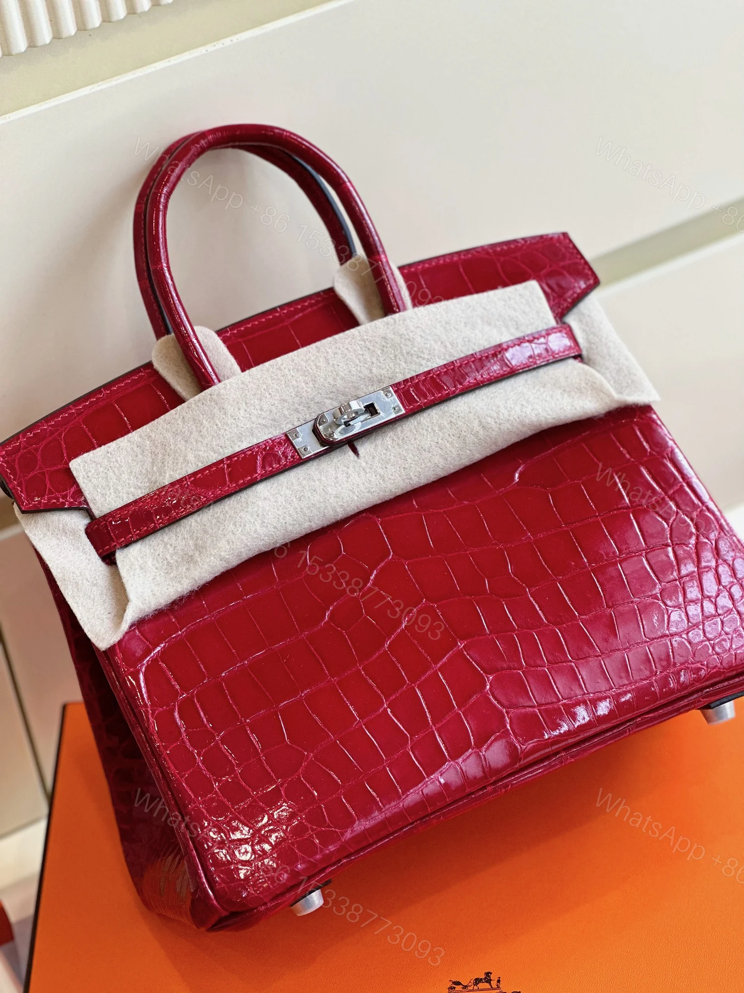 View 7 of Hermes Birkin 25 Red Genuine Crocodile Leather Palladium Hardware