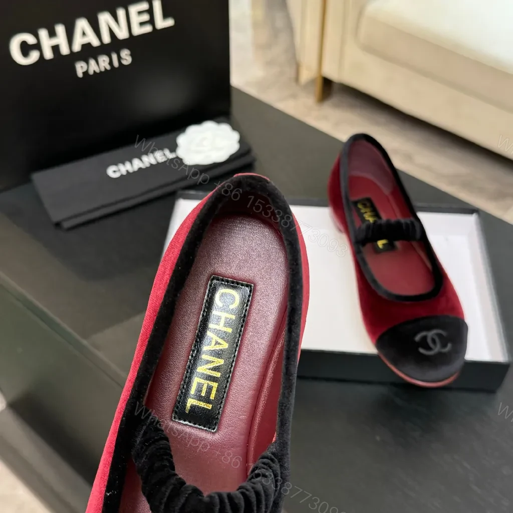 View 6 of Red Velvet Ballet Flats with Black Cap Toe, Velvet Detail, Signature Embellishment