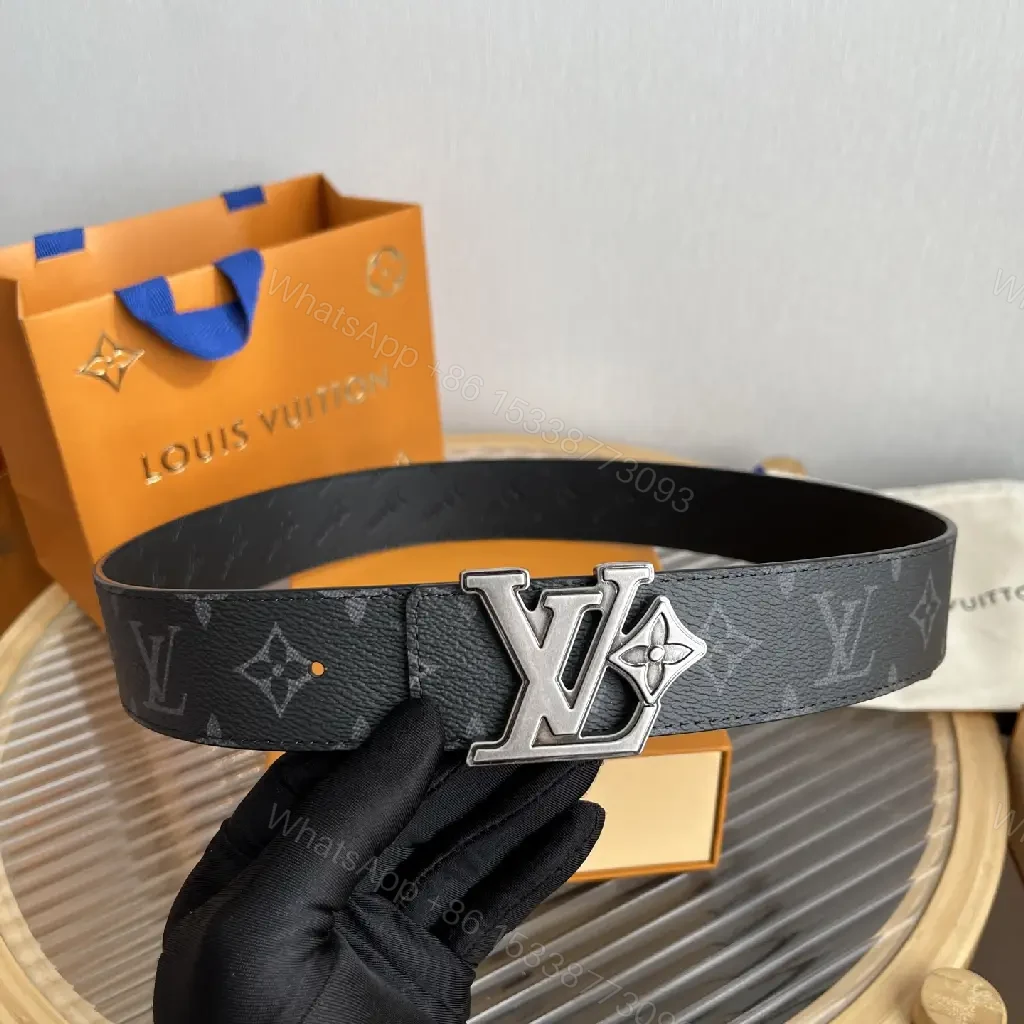 View 3 of Dark Gray/Black Leather Belt – LV Monogram, Pebbled Texture, Silver Buckle