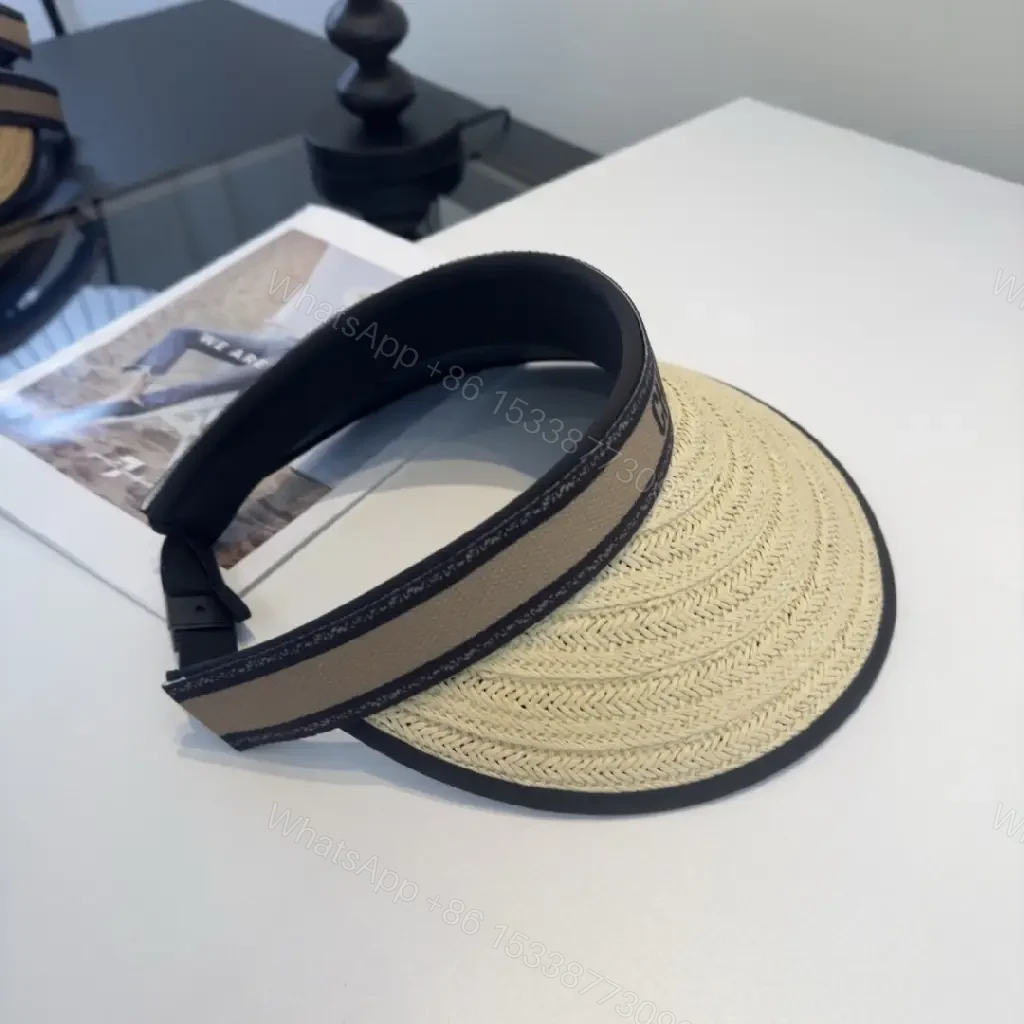 View 6 of Beige Braided Straw Visor Hat with Black Trim and Band