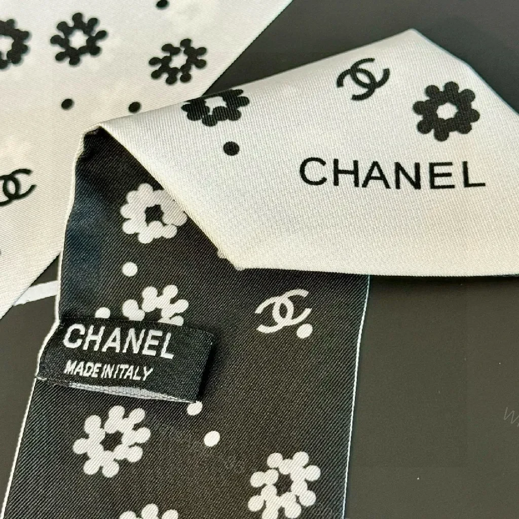 View 8 of Monochrome Silk Scarf & Tie Set: Modern Floral Style