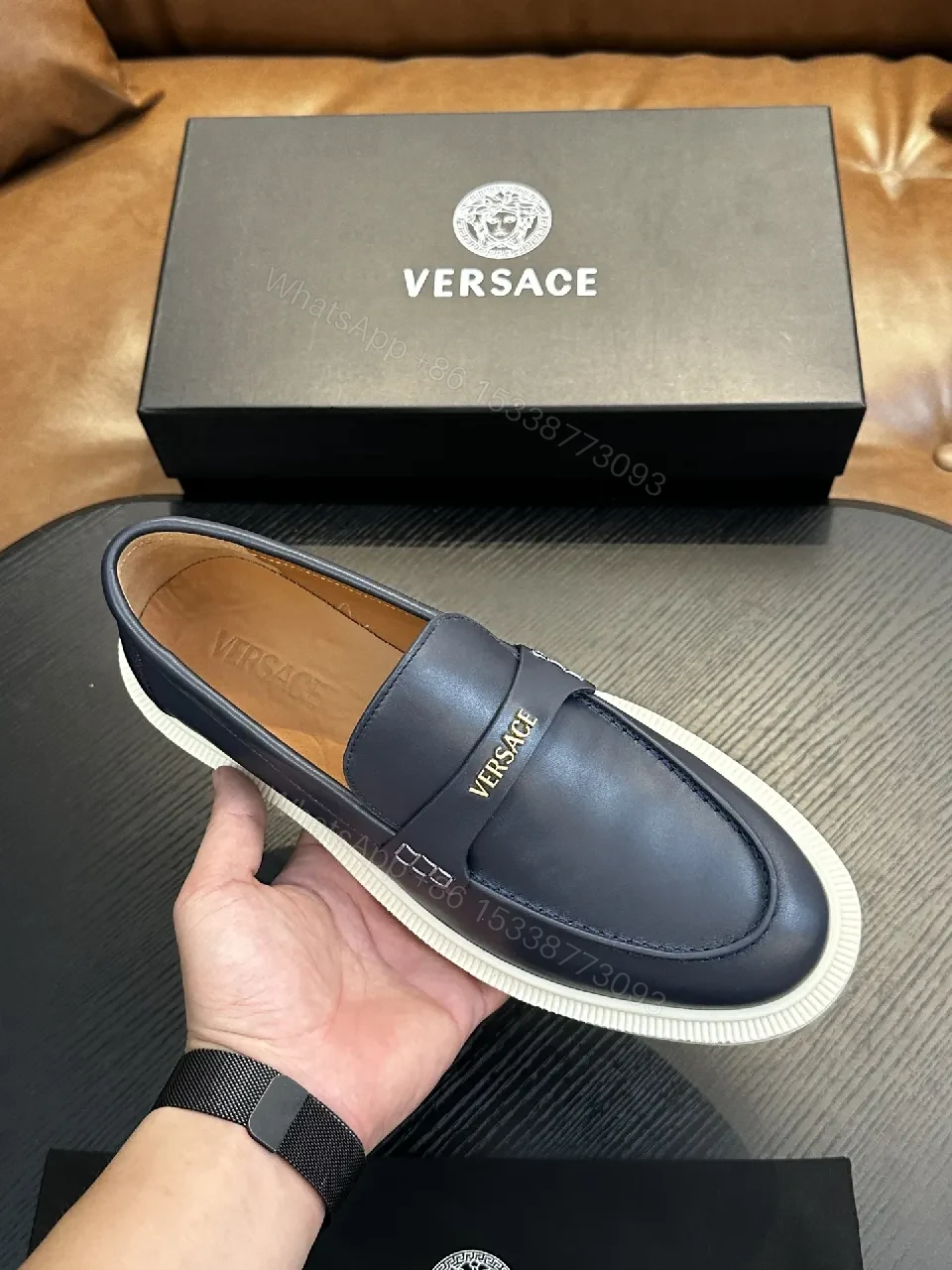 View 5 of Navy Leather Driver Loafers with Gold Hardware Details