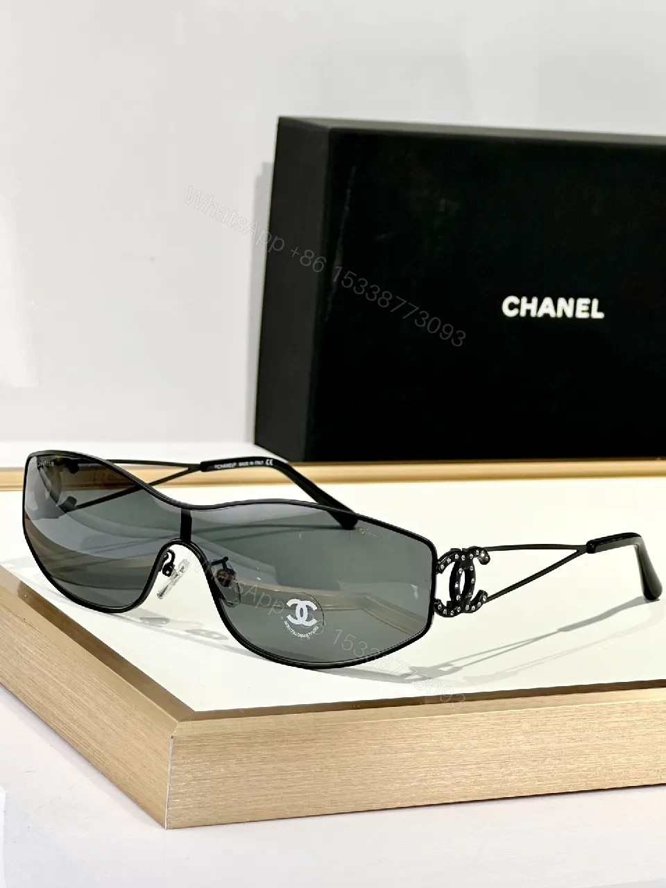 View 3 of Elegant Shield Sunglasses: Crystal-Detail Luxe Shield Glasses
