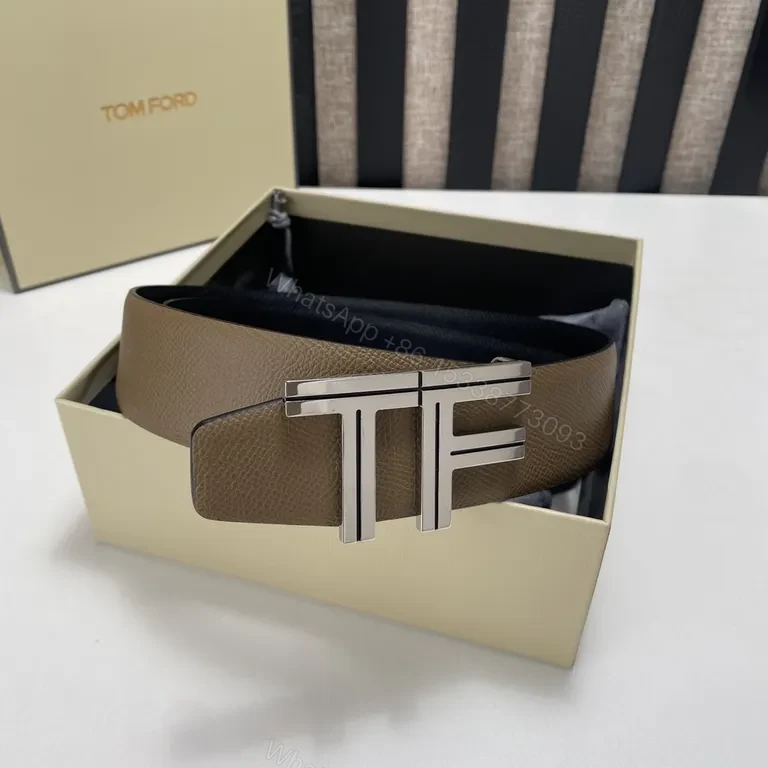 View 4 of Taupe Full-Grain Leather Belt with Signature TF Buckle