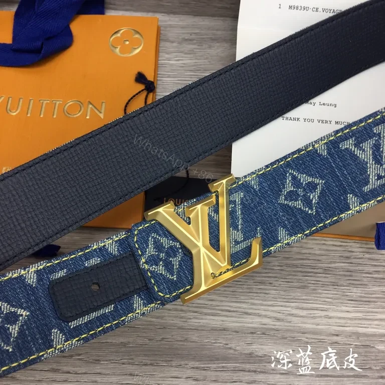 View 5 of Denim Monogram Belt with Gold LV Buckle - Luxury Accessory
