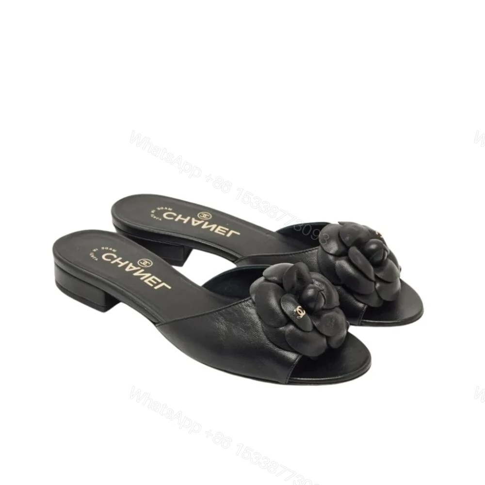 View 8 of Chanel Black Camellia Slide Flat Sandals