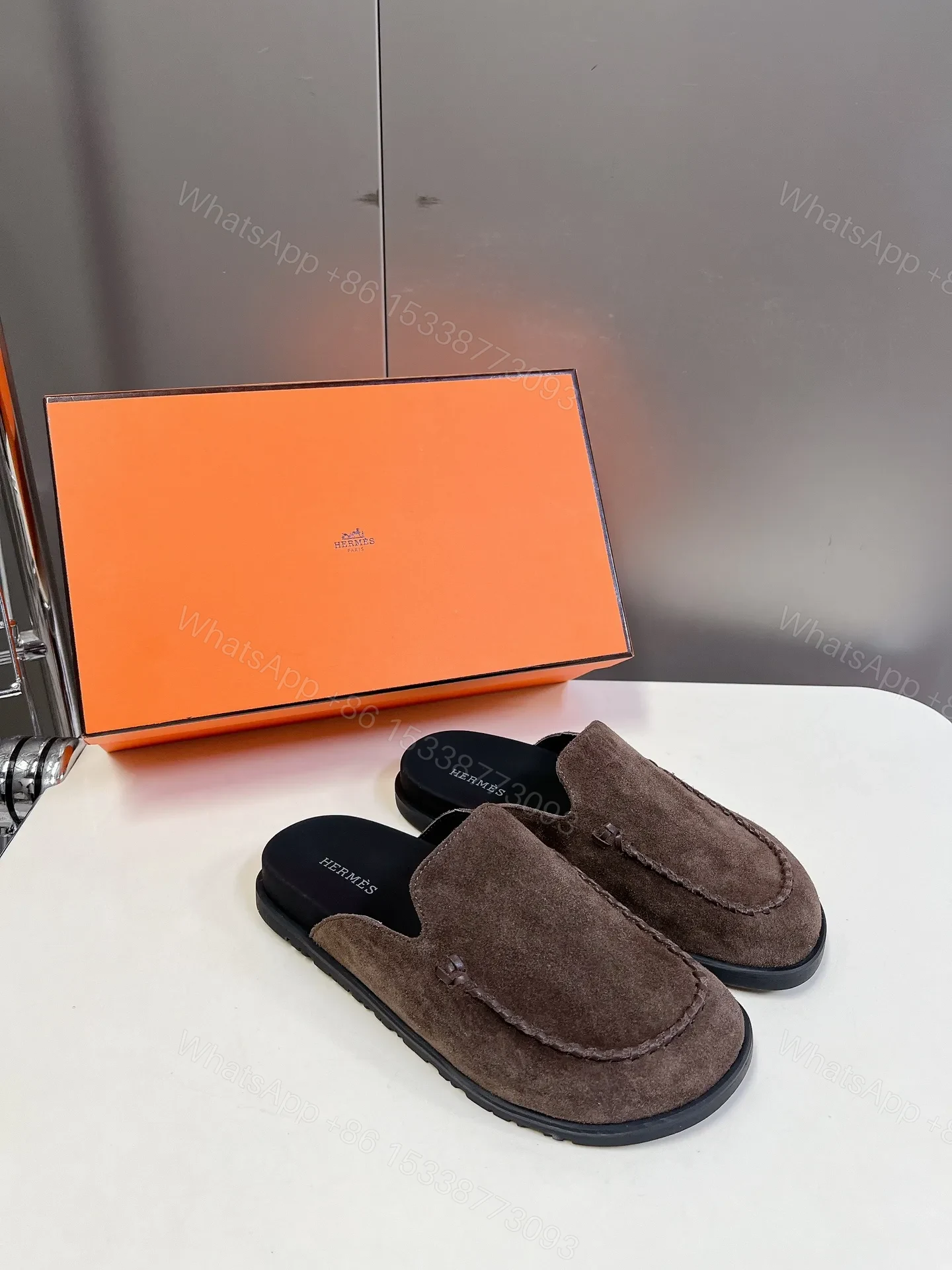 View 5 of Hermes Women Brown Suede Slippers