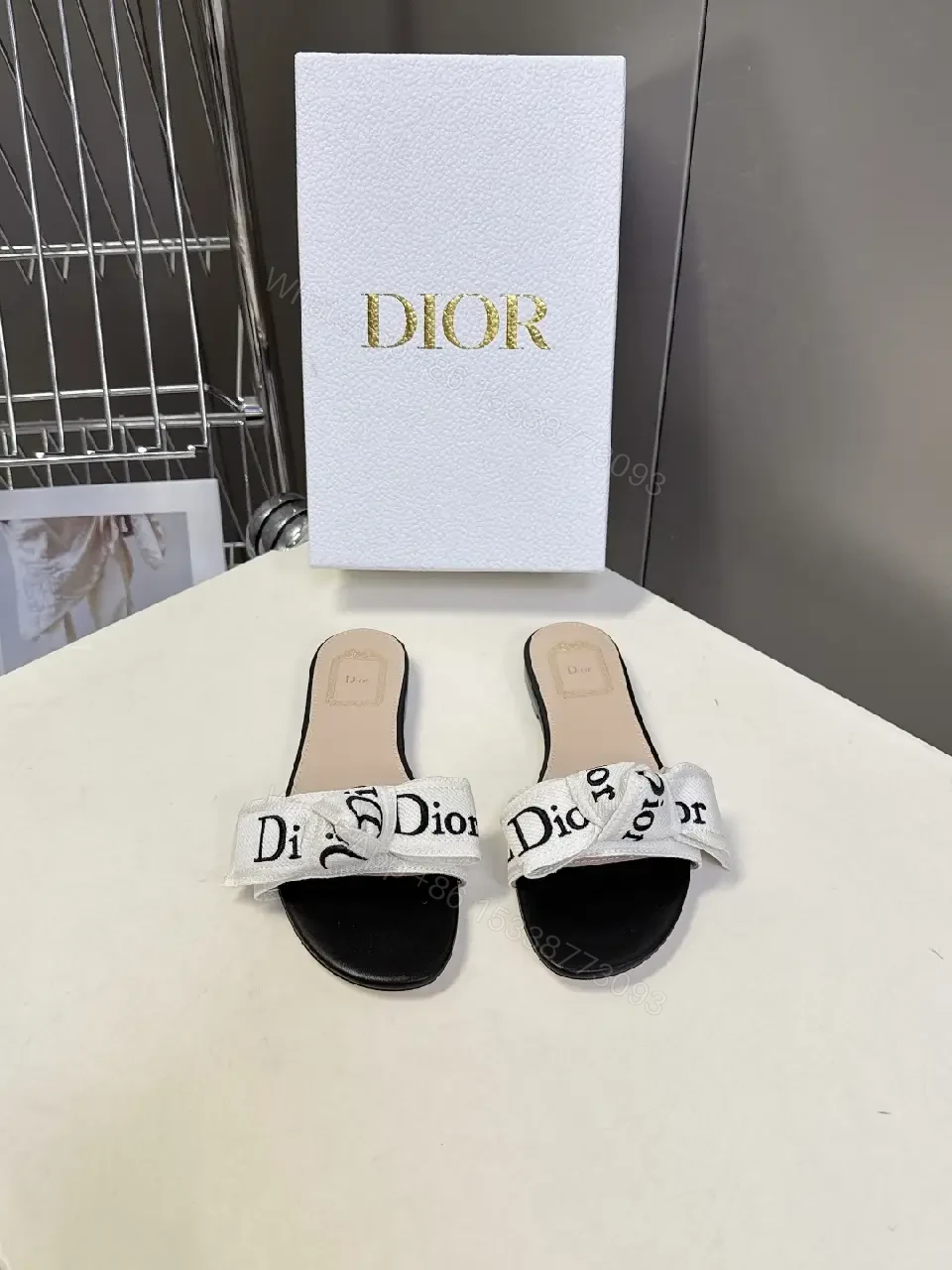 View 7 of White Fabric Slide Dior Logo Sandals