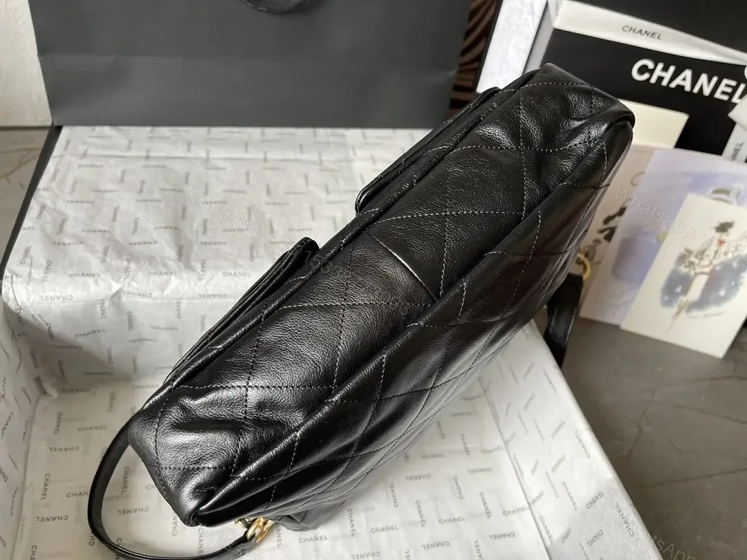 View 9 of Quilted Black Leather Satchel with Gold Chain Accent