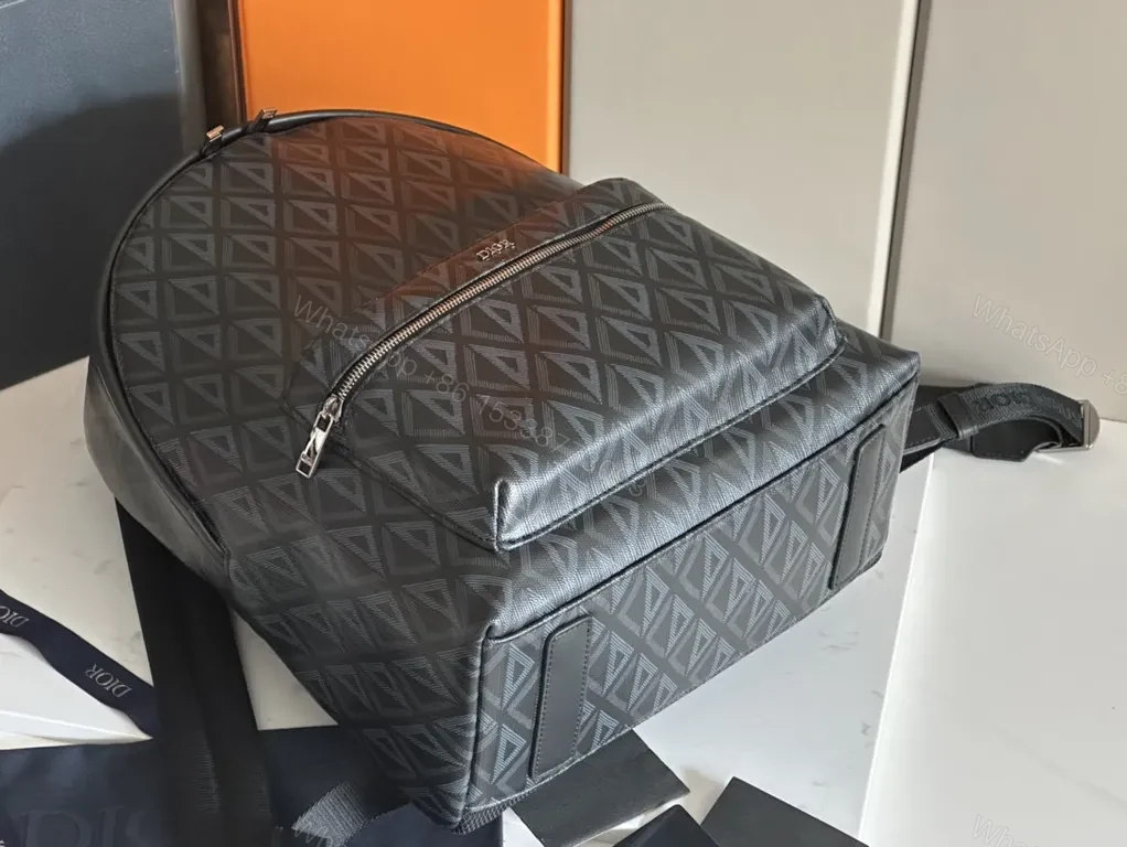 View 9 of Geometric Charcoal Dior-Style Backpack with Premium Leather Trim