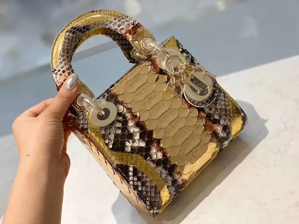 View 7 of Gold Brown White Snakeskin Mini Bag with Dior Charm