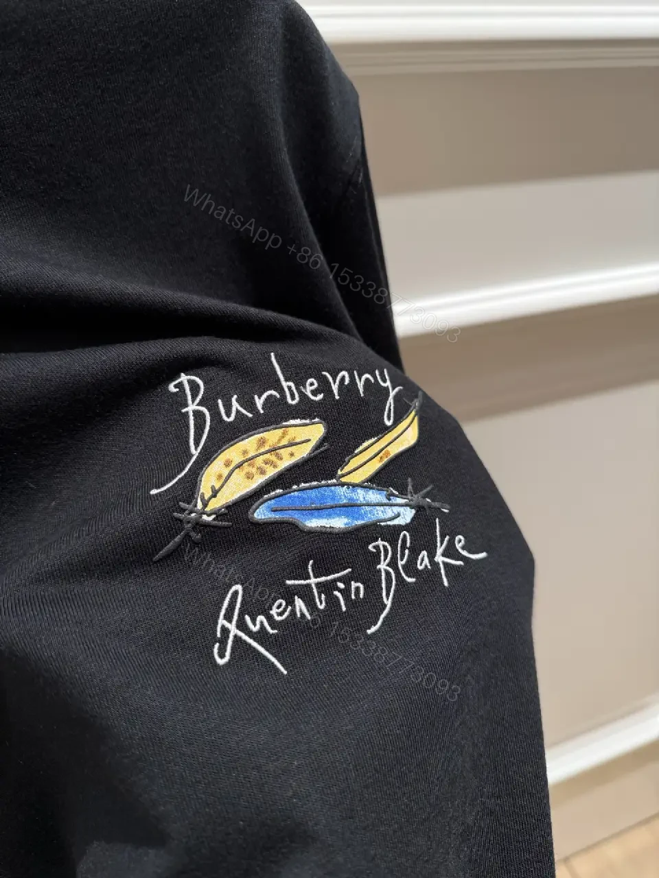 View 4 of Black Cotton T-Shirt with Embroidered Burberry Graphic Tee