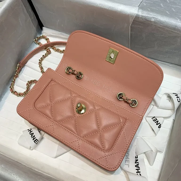 View 3 of Soft Pink Quilted Lambskin Bag with Chain Strap