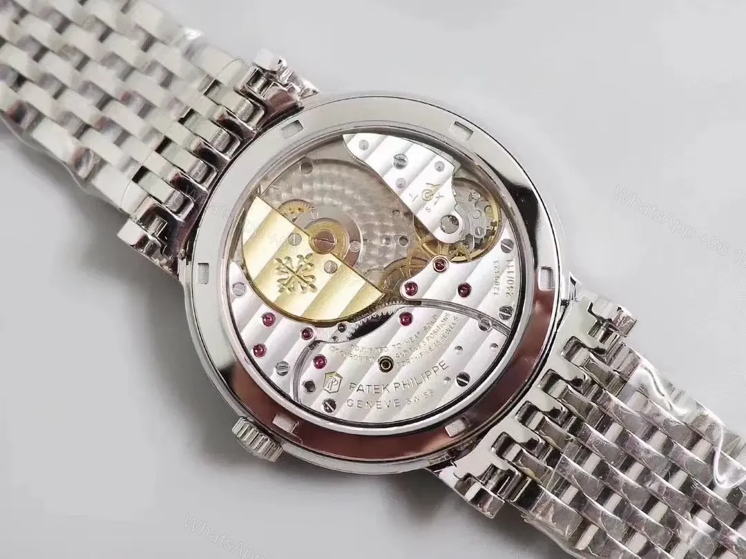 View 8 of Patek Philippe Calatrava 5120G White Dial with Roman Numerals and Baton Hands Ultra Thin Italian Leather Strap Cal.240 Movement Platinum Coated Beaded Bezel