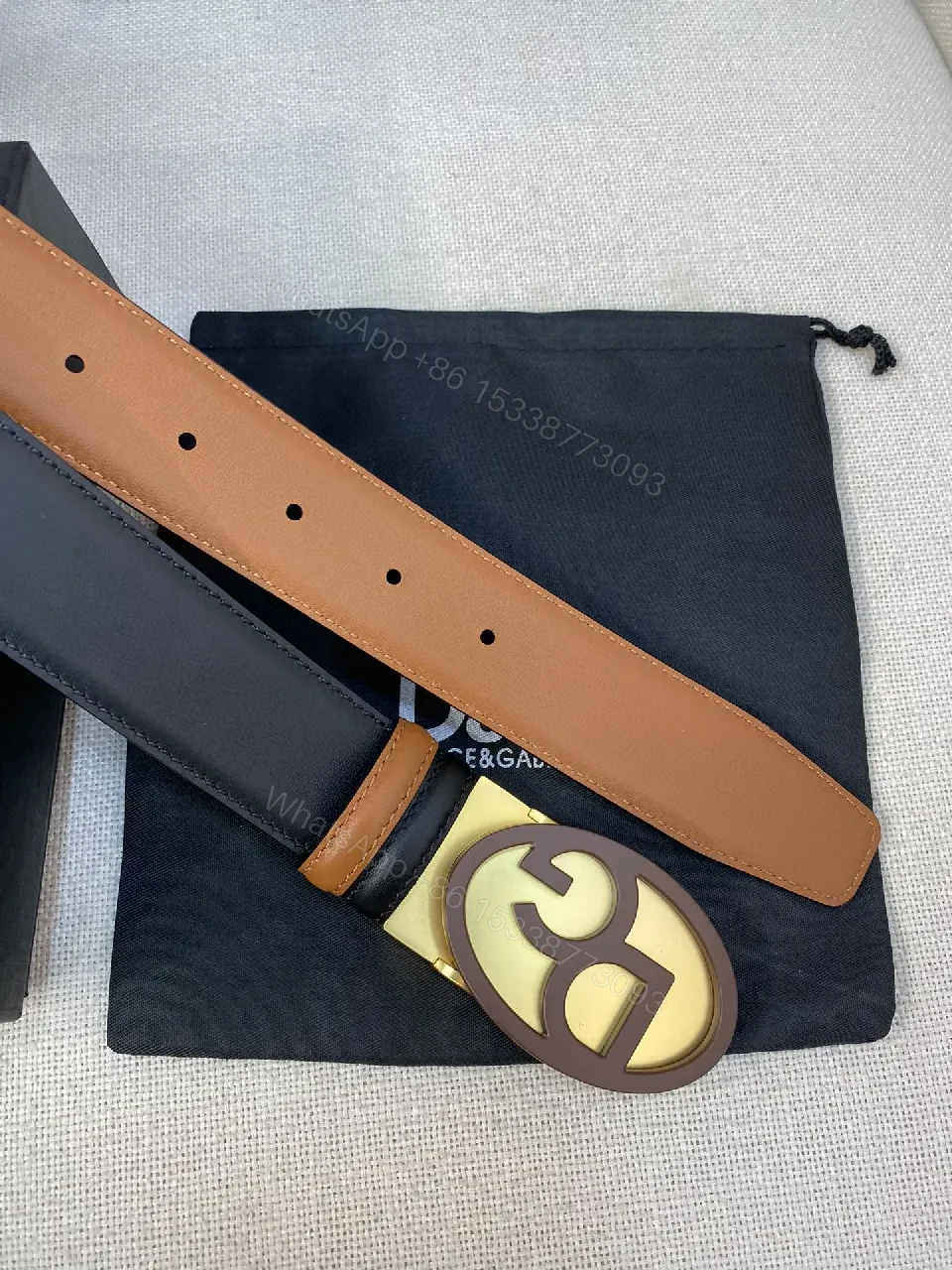 View 4 of Chic Italy Leather Belt with Bold Gold Logo Detail