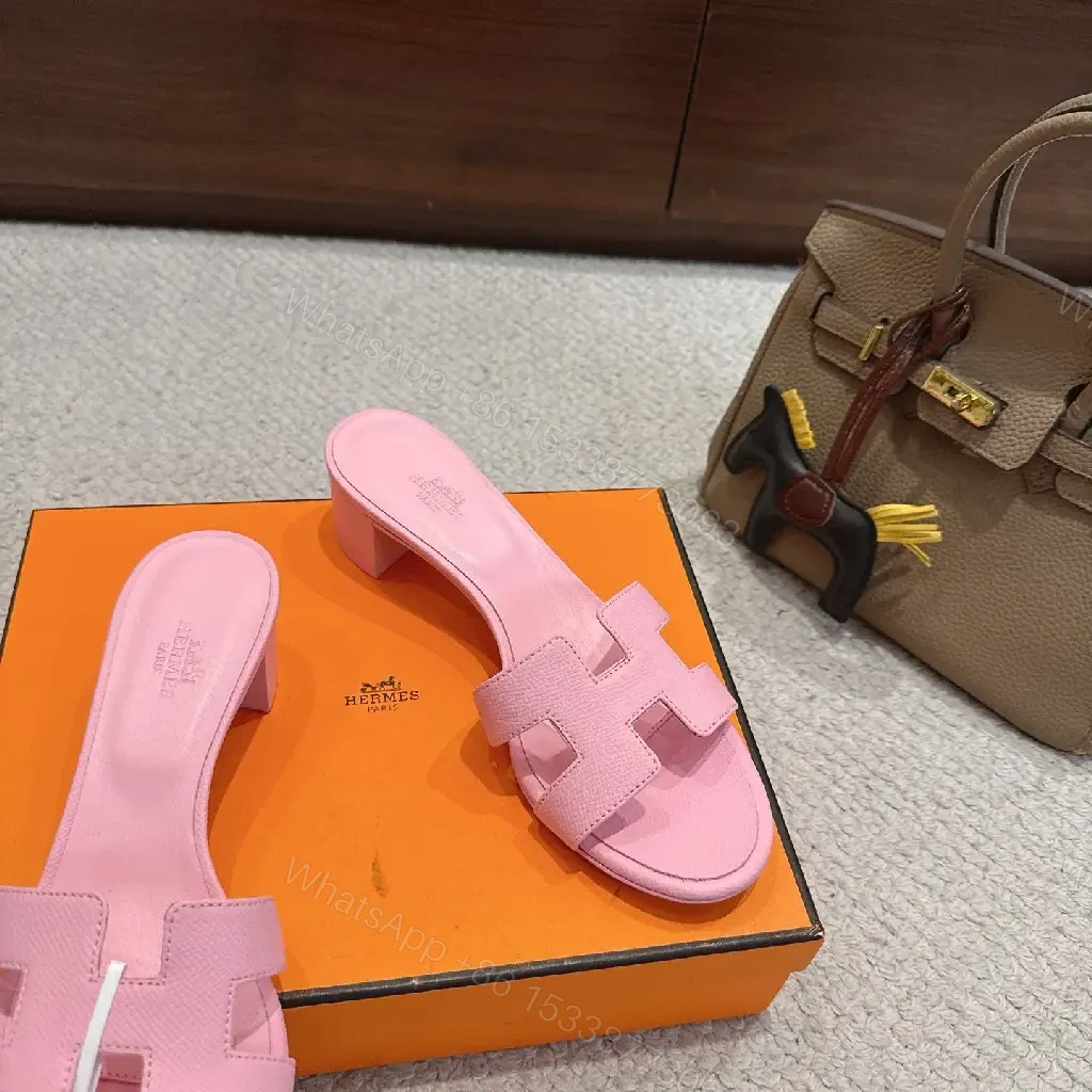 View 7 of Pink Leather Hermès-Style Slide Sandals with H-Logo Strap