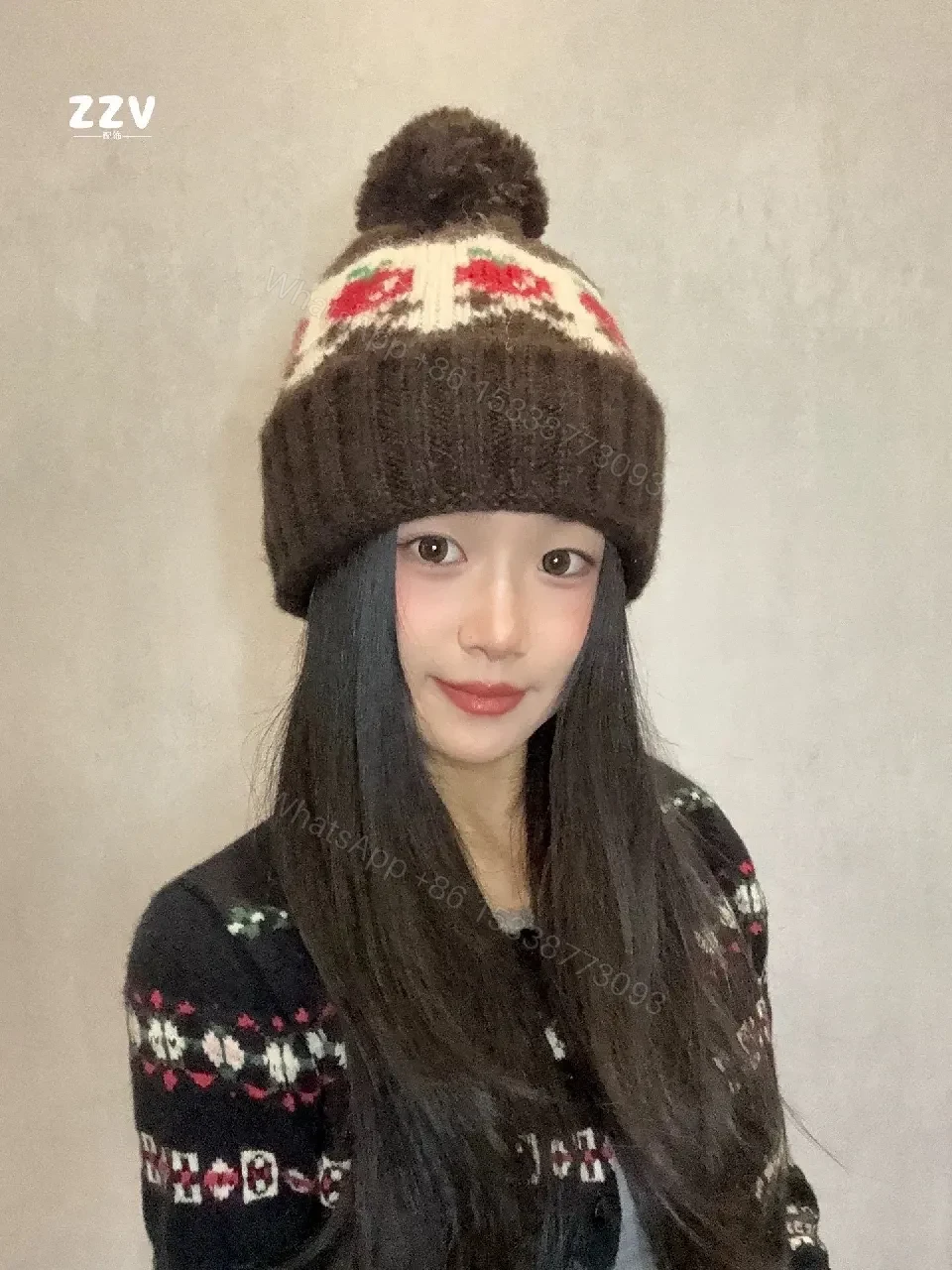 View 2 of Cozy Wool-Blend Pom Beanie with Crest Patch