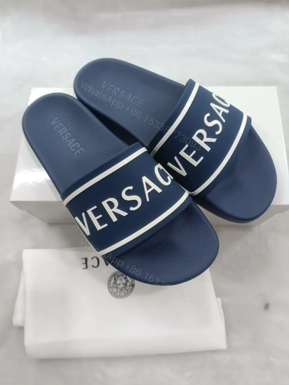 View 6 of Bold Navy Leather Slide: Luxe Logo Strap Comfort Slides