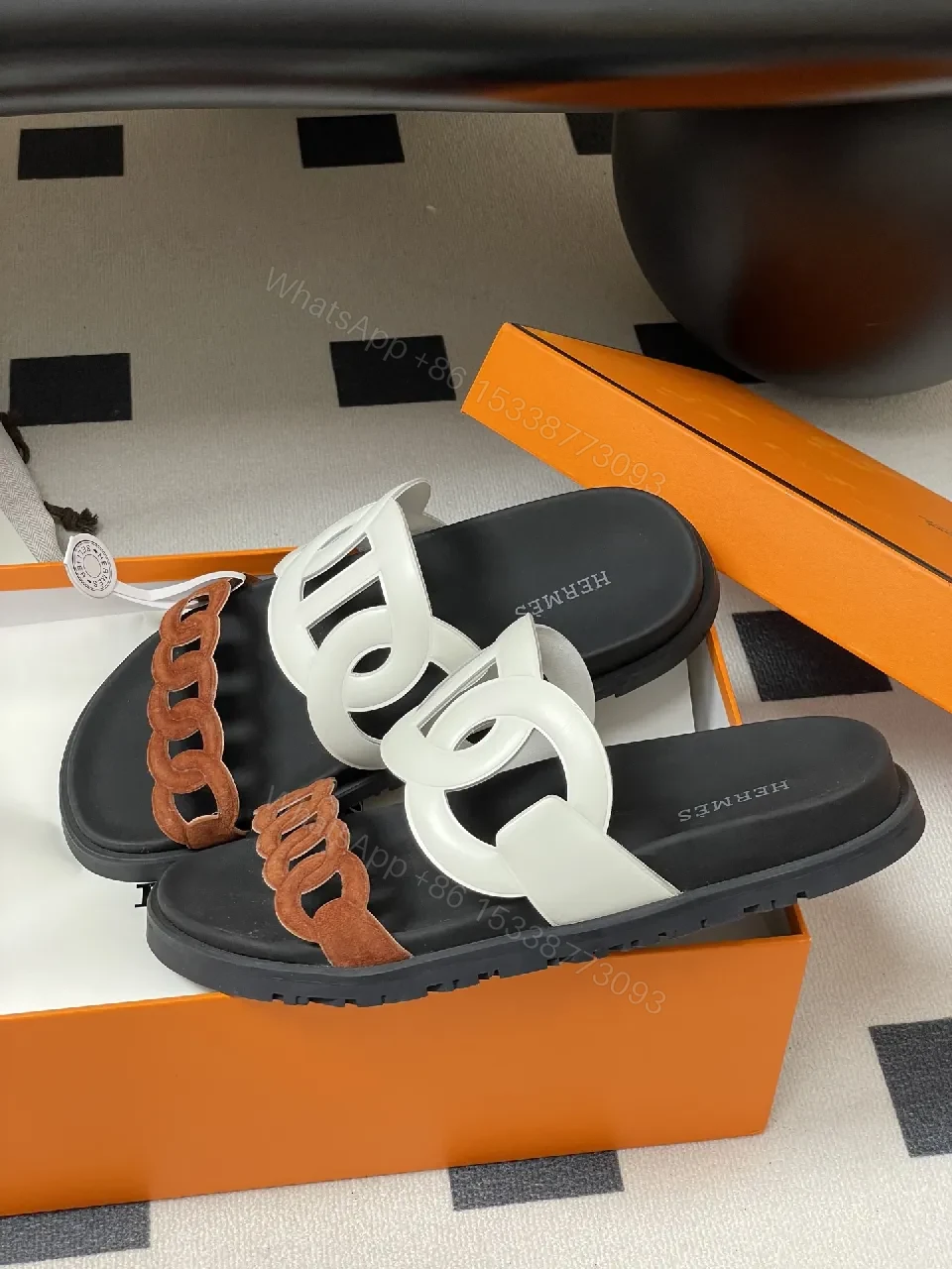 View 2 of Chic Textured Sliders: Two-Tone Luxury Comfort Slides