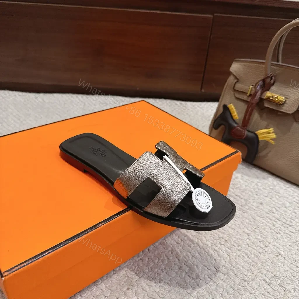 View 7 of Silver Hermès-Style H Sandals, Metallic Strappy Slide, Luxury Open Toe Slide