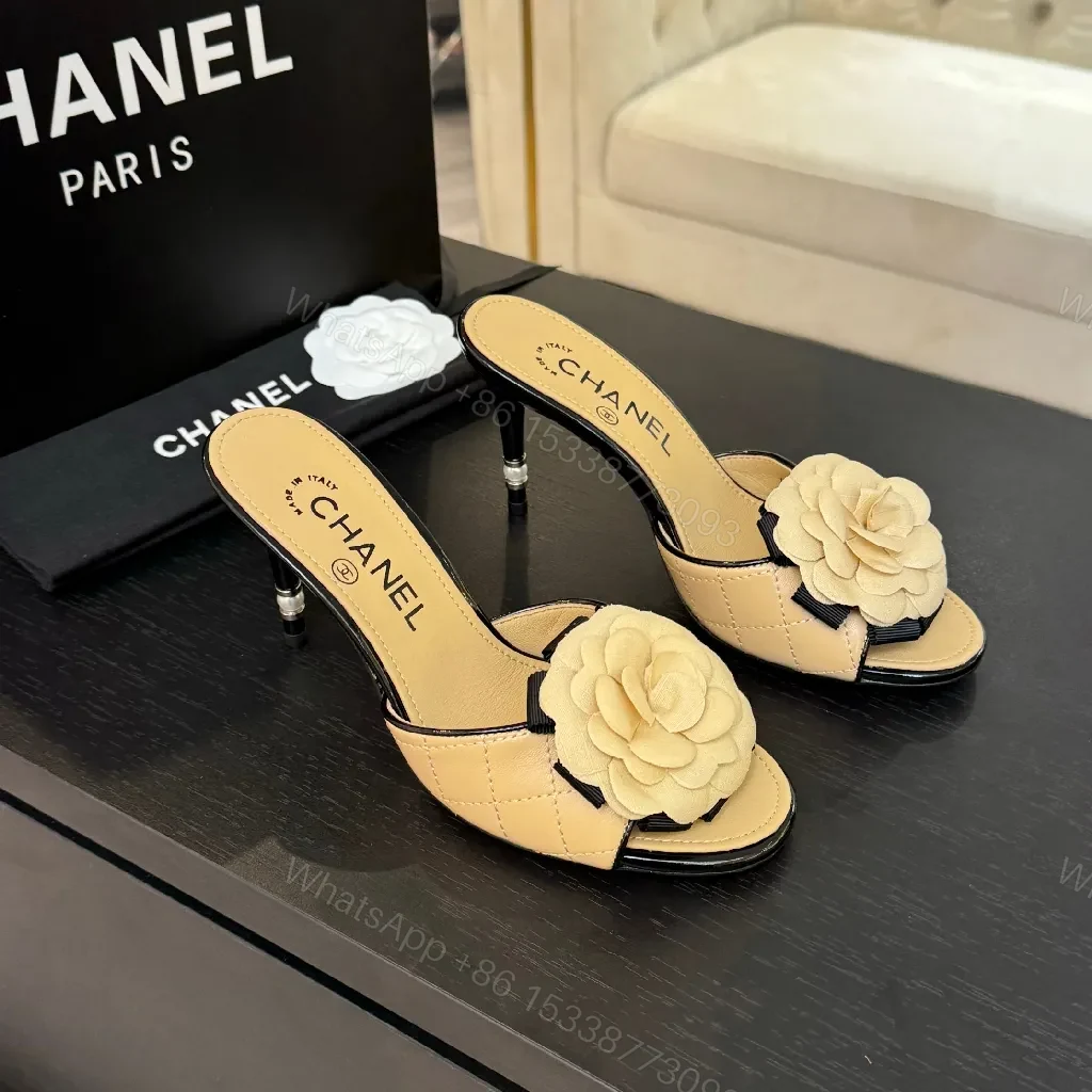 Beige Quilted Leather Mules: Camellia, Sculpted Heel, Open-Toe — view 1