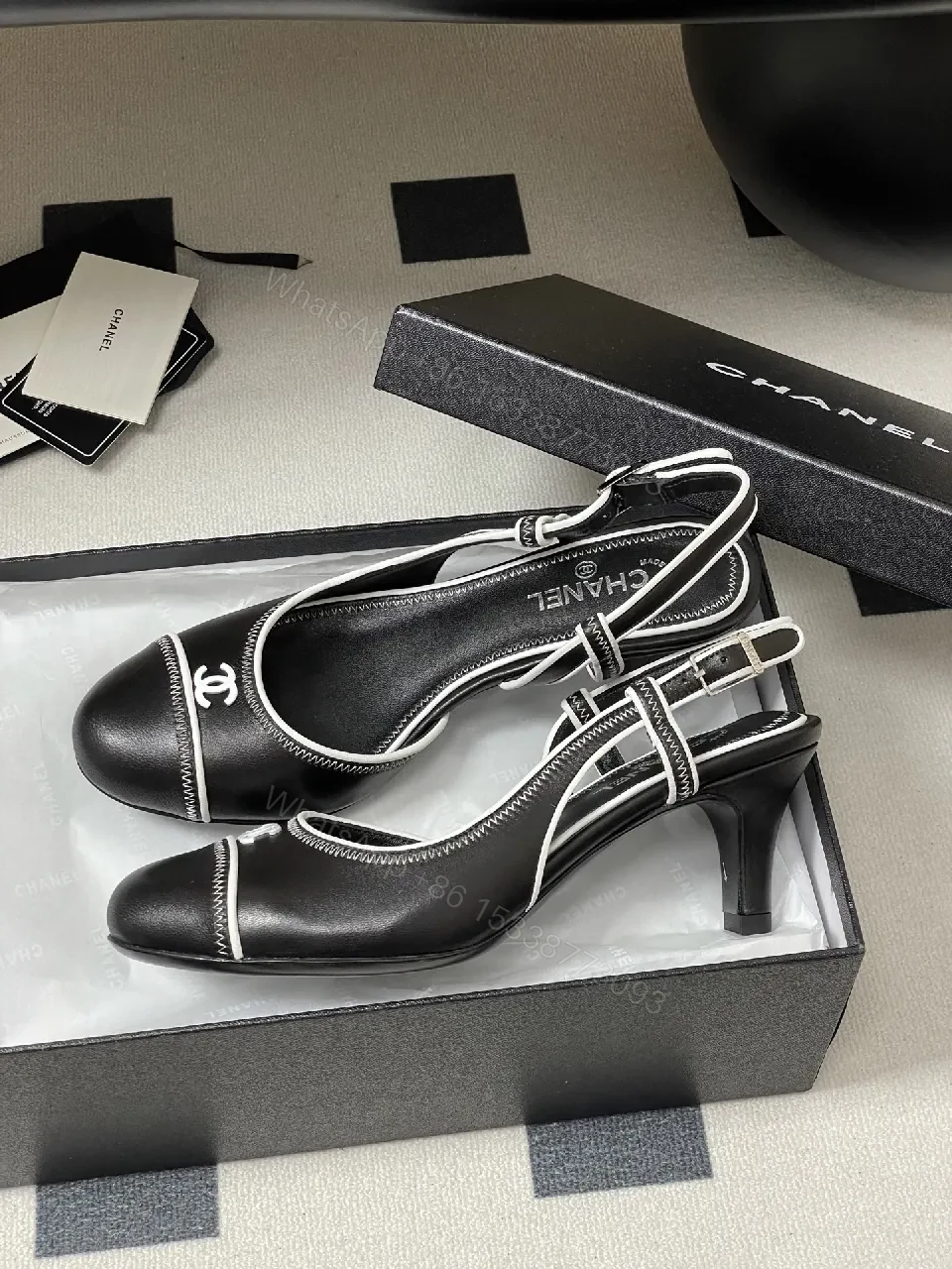 View 9 of Satin-Lace Slingback Heels with Signature Stitch Detail