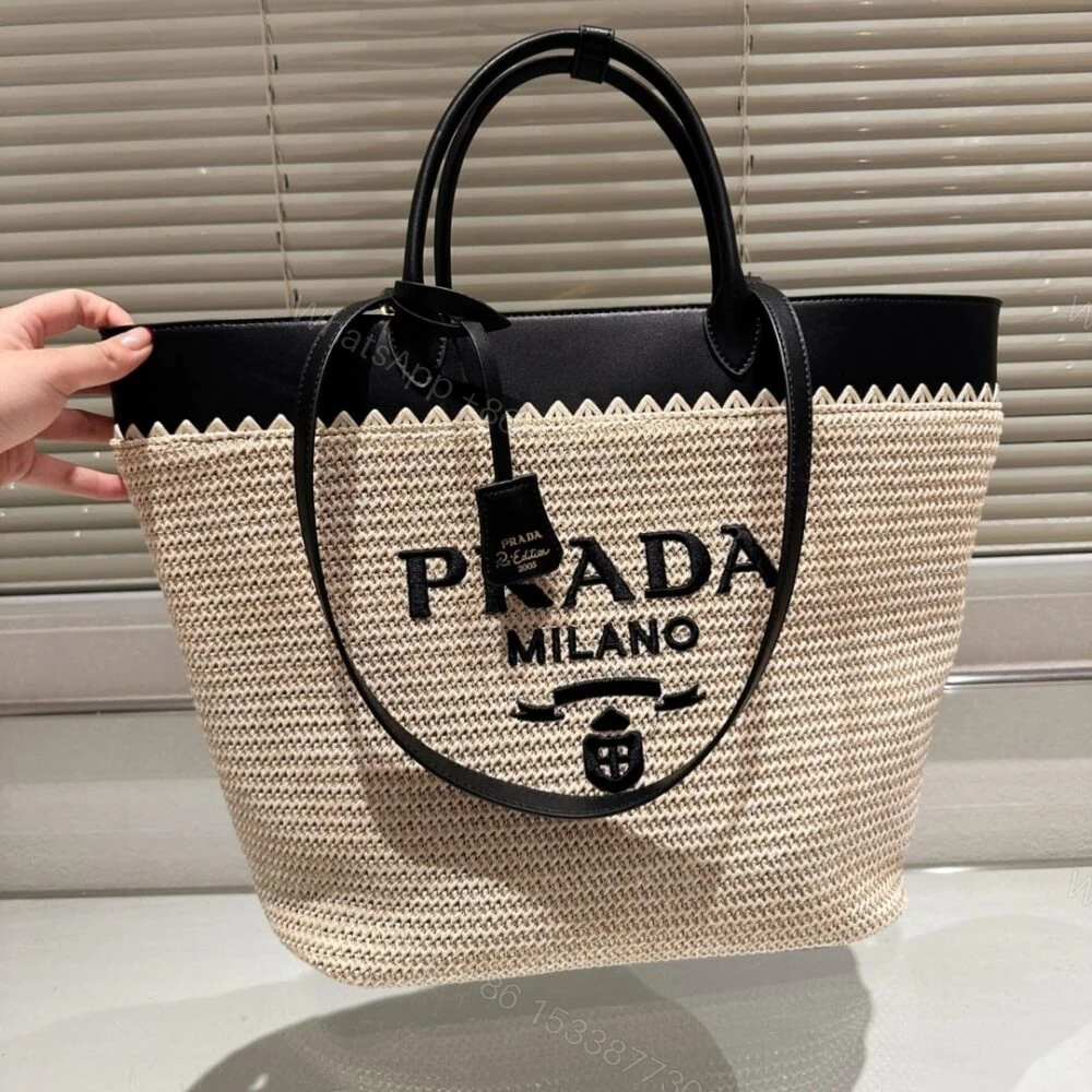 View 2 of Prada Crochet And Leather Tote Bag Tan And Black 33Cm 1BG499 2M2Q F0I55 V GOO