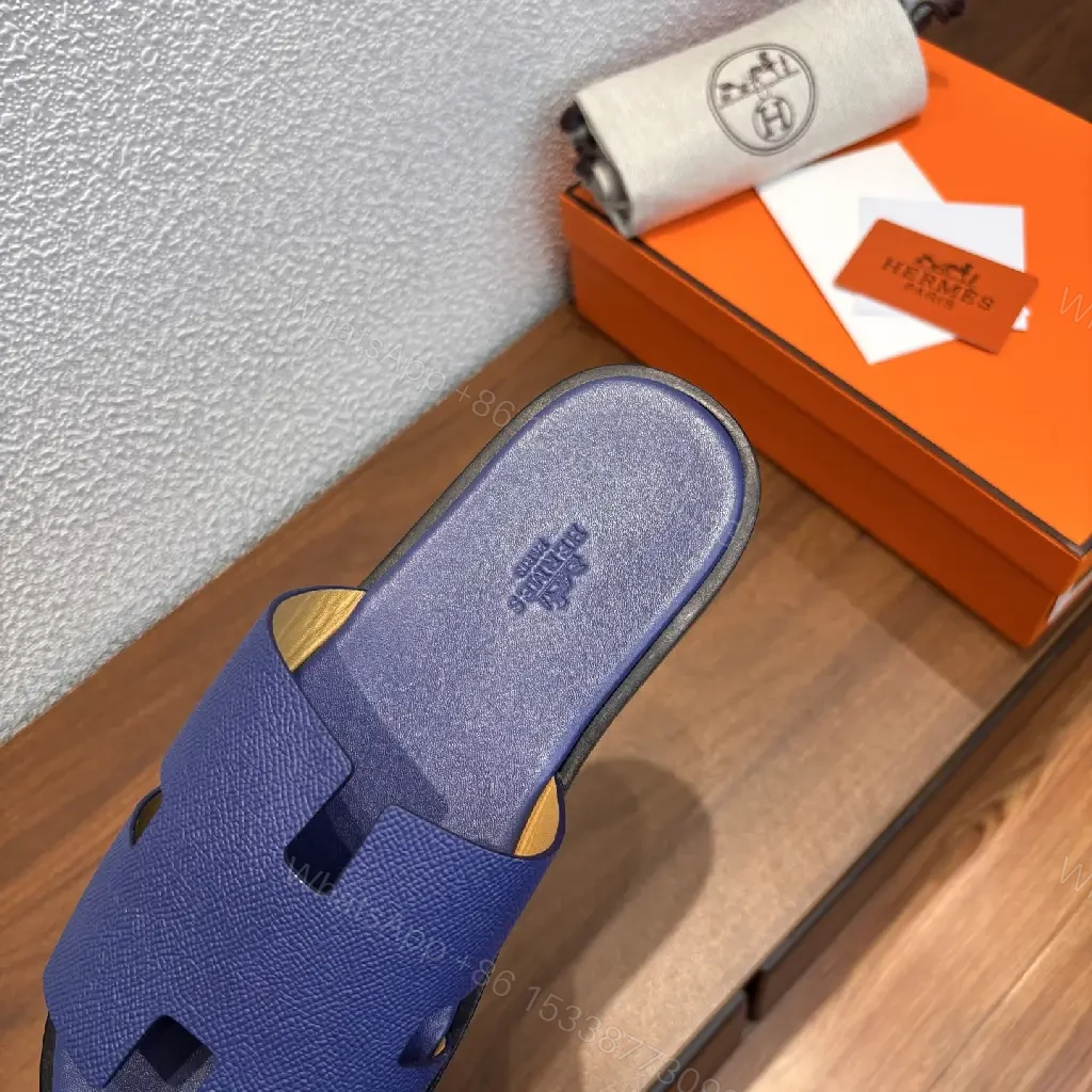 View 2 of Navy Leather Slide Sandals - Minimalist Comfort - Hermes Style (60 chars)