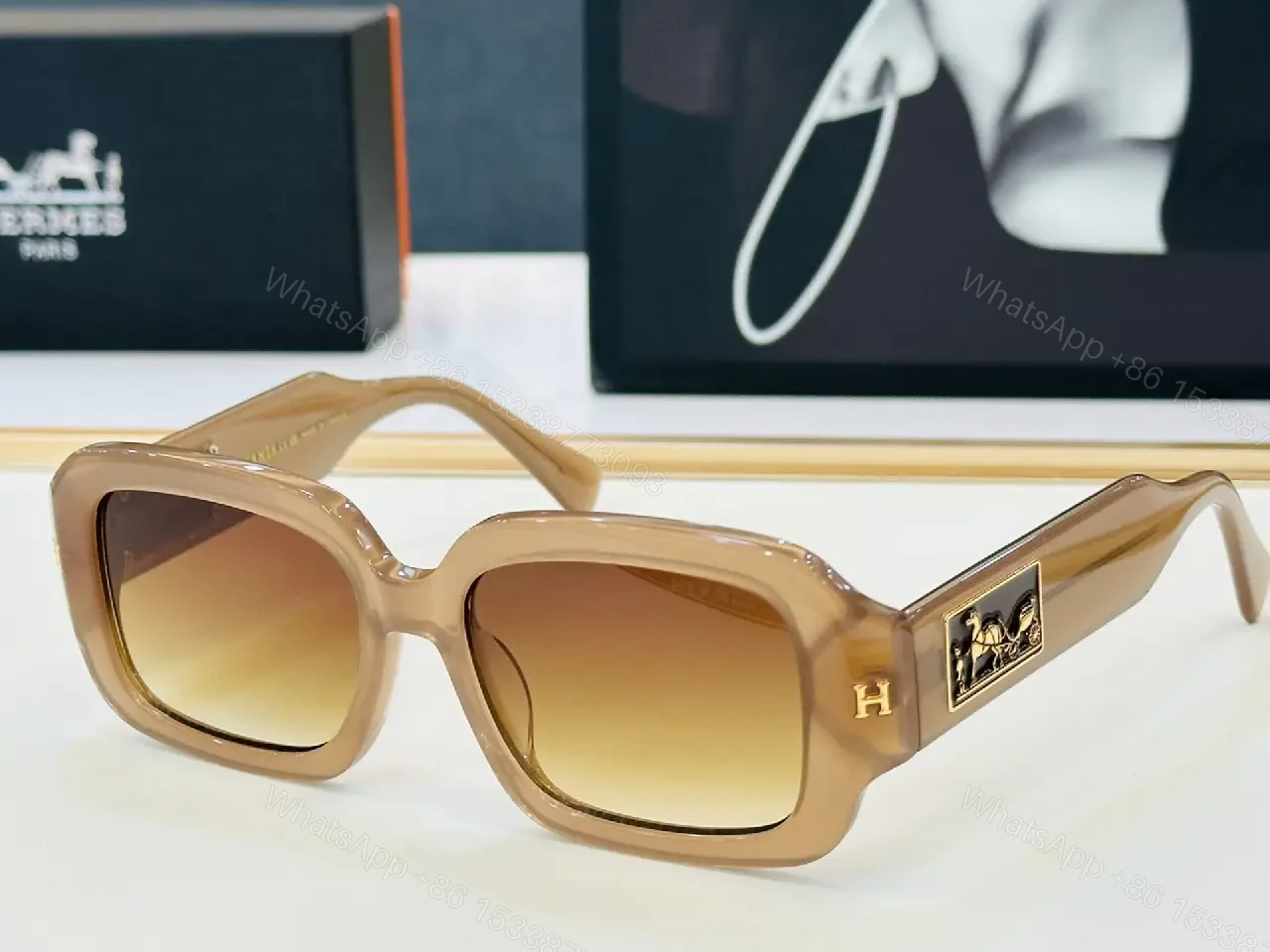 View 10 of Black Acetate Oversized Sunglasses – Square Lenses, Gold Emblem & Plaque Style